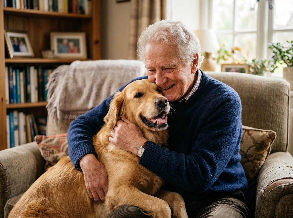 Happy pet parent with Golden Retriever